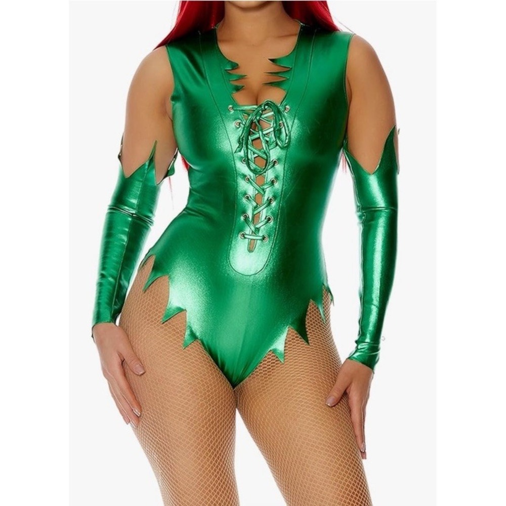 Forplay Women's Pretty Poisonous Metallic Jagged Bodysuit and Gauntlets NWT S/M